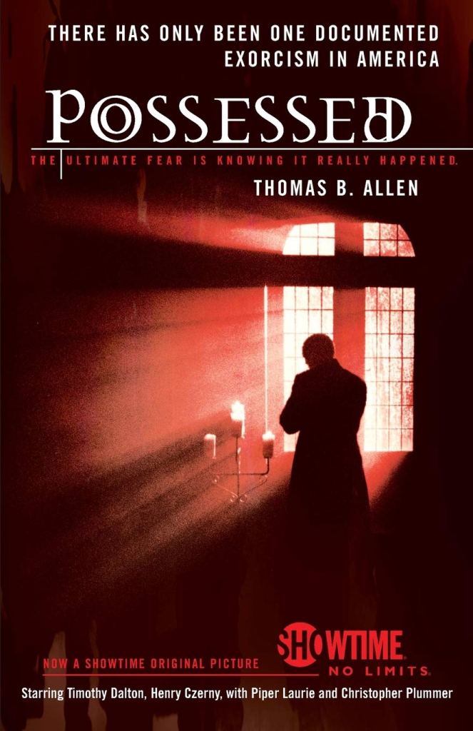 Cover of the book 'Possessed' by Thomas B. Allen, featuring a shadowy figure in front of a window with light streaming through, a candle holder in the foreground, and text highlighting the book's theme of exorcism.