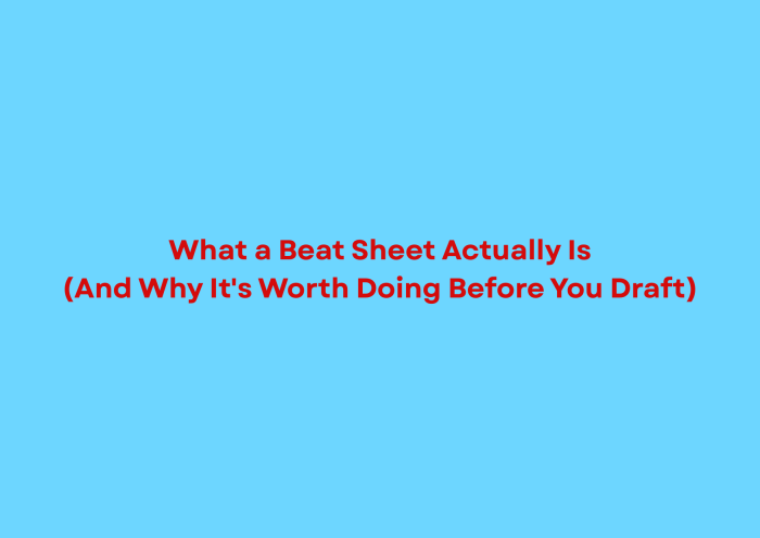 Text graphic on a blue background reading, 'What a Beat Sheet Actually Is (And Why It's Worth Doing Before You Draft)' in bold red font.